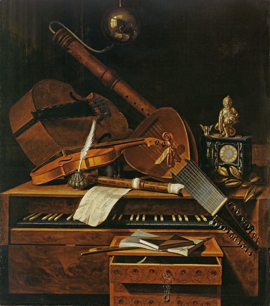 Pieter Gerritsz van Roestraten painting, Still life with musical instruments
